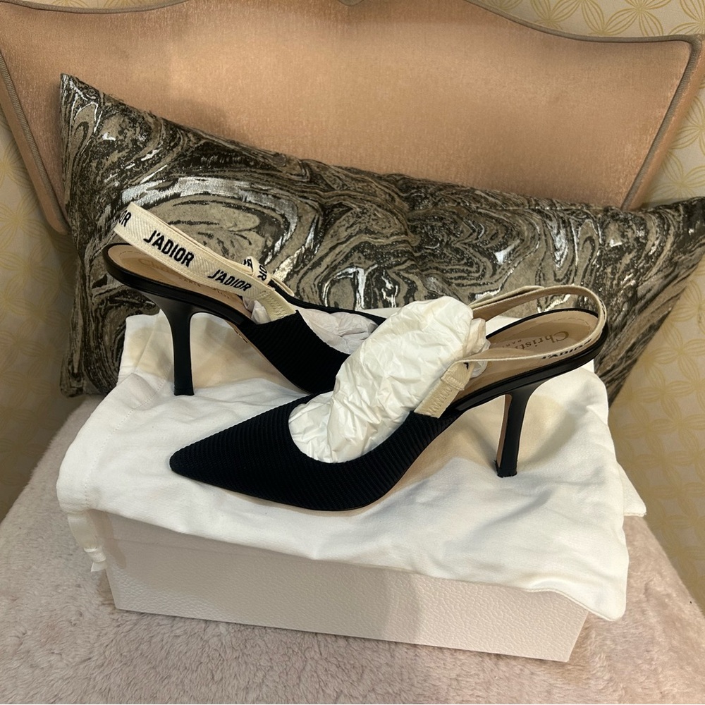 Dior Black Pointed Ribbed Slingback Heels with J'Adior Ribbon